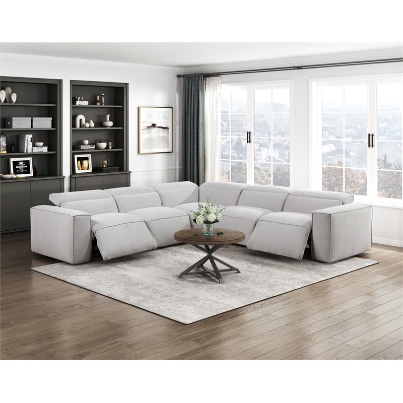 Pemberly Row Microfiber 5-Piece Modular Power Reclining Sectional in Light Gray
