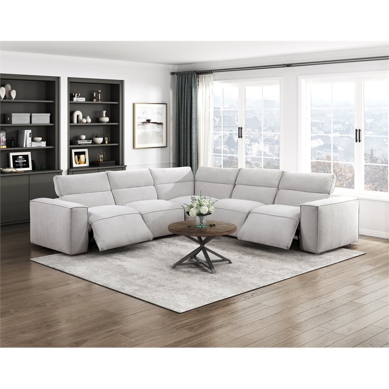 Pemberly Row Microfiber 5-Piece Modular Power Reclining Sectional in Light Gray