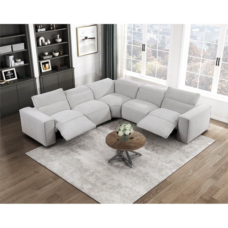 Pemberly Row Microfiber 5-Piece Modular Power Reclining Sectional in Light Gray