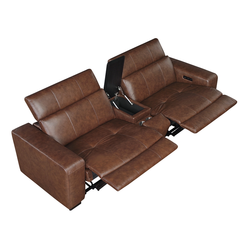 Pemberly Row Top Grain Leather Power Reclining Loveseat Console Wireless - Brown