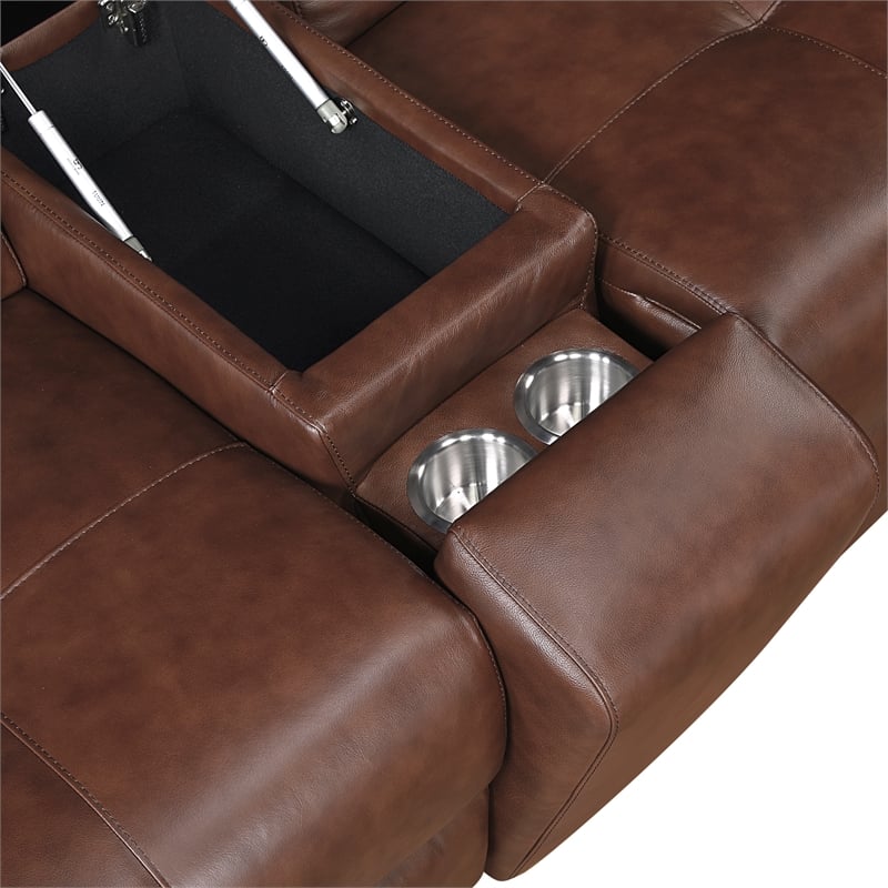 Pemberly Row Top Grain Leather Power Reclining Loveseat Console Wireless - Brown
