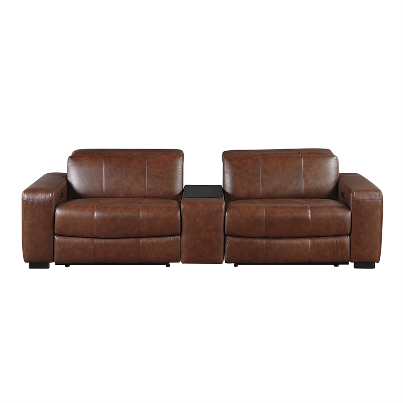Pemberly Row Top Grain Leather Power Reclining Loveseat Console Wireless - Brown