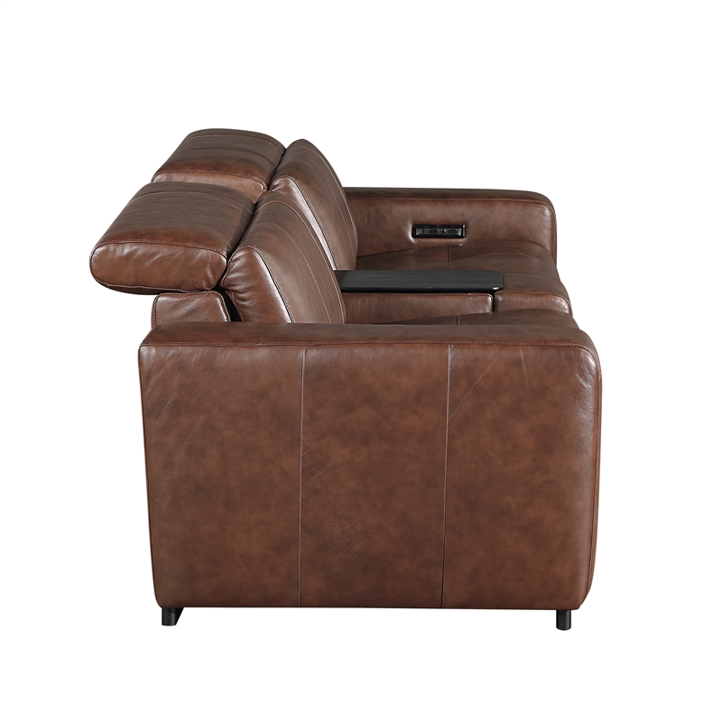 Pemberly Row Top Grain Leather Power Reclining Loveseat Console Wireless - Brown
