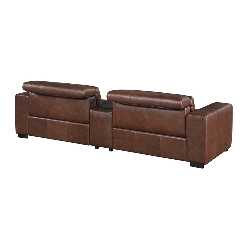 Pemberly Row Top Grain Leather Power Reclining Loveseat Console Wireless - Brown