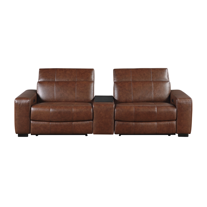Pemberly Row Top Grain Leather Power Reclining Loveseat Console Wireless - Brown
