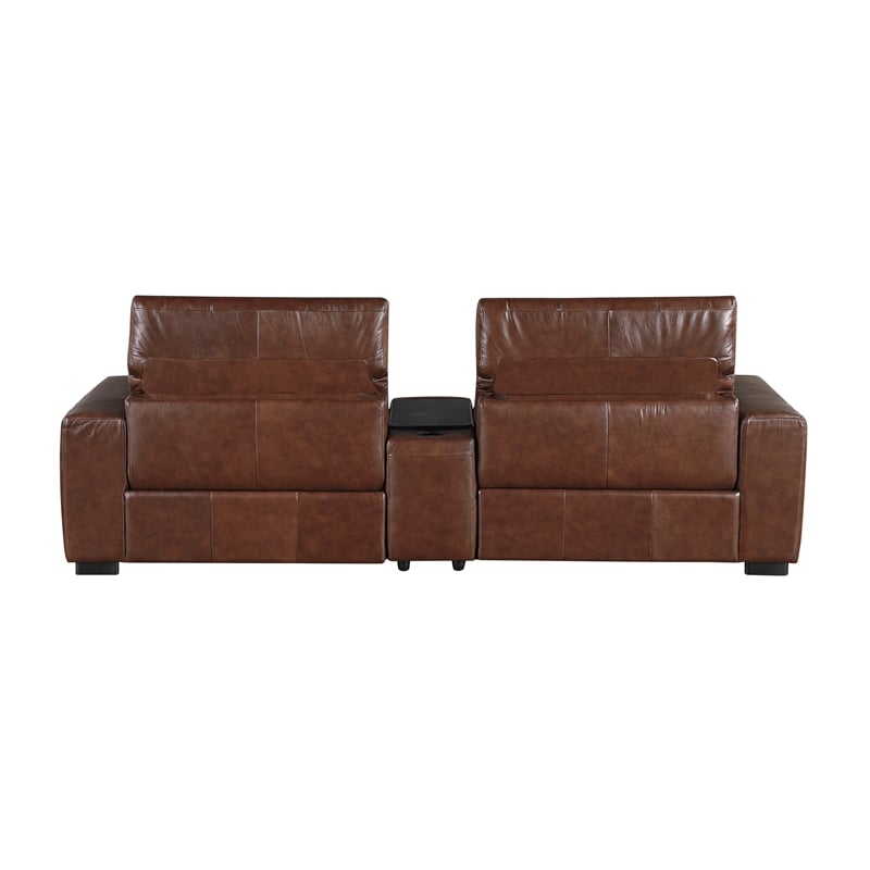 Pemberly Row Top Grain Leather Power Reclining Loveseat Console Wireless - Brown