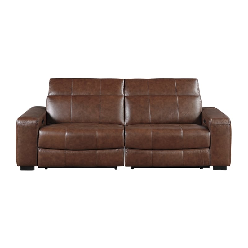 Pemberly Row Top Grain Leather Power Reclining Loveseat Wall Hugger in Brown