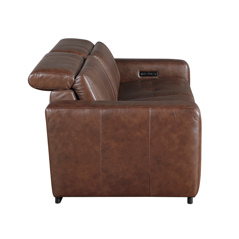 Pemberly Row Top Grain Leather Power Reclining Loveseat Wall Hugger in Brown
