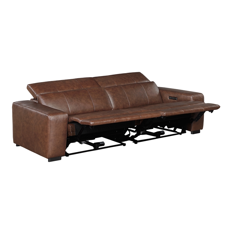 Pemberly Row Top Grain Leather Power Reclining Loveseat Wall Hugger in Brown