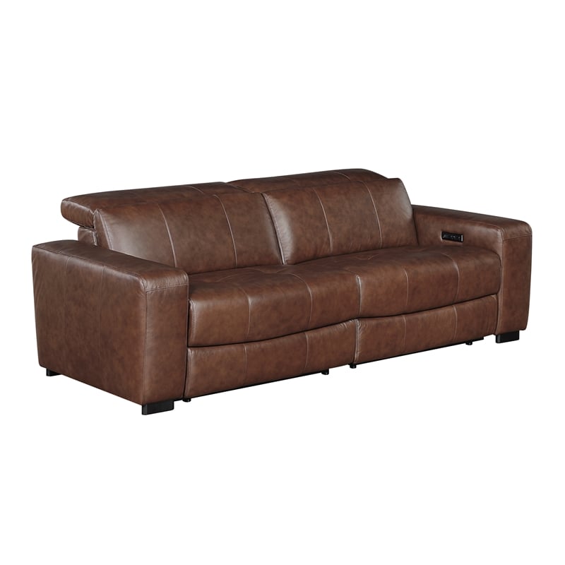 Pemberly Row Top Grain Leather Power Reclining Loveseat Wall Hugger in Brown