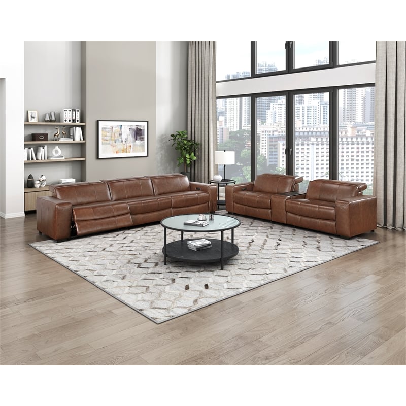 Pemberly Row Top Grain Leather Power Reclining Sofa Wall Hugger USB in Brown