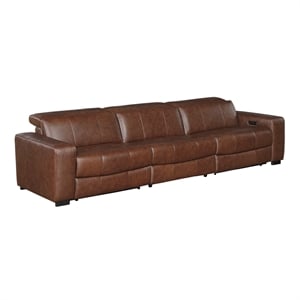 Pemberly Row Top Grain Leather Power Reclining Sofa Wall Hugger USB in Brown