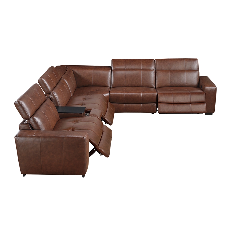 Pemberly Row Top Grain Leather 6-Piece Modular Power Sectional USB in Brown