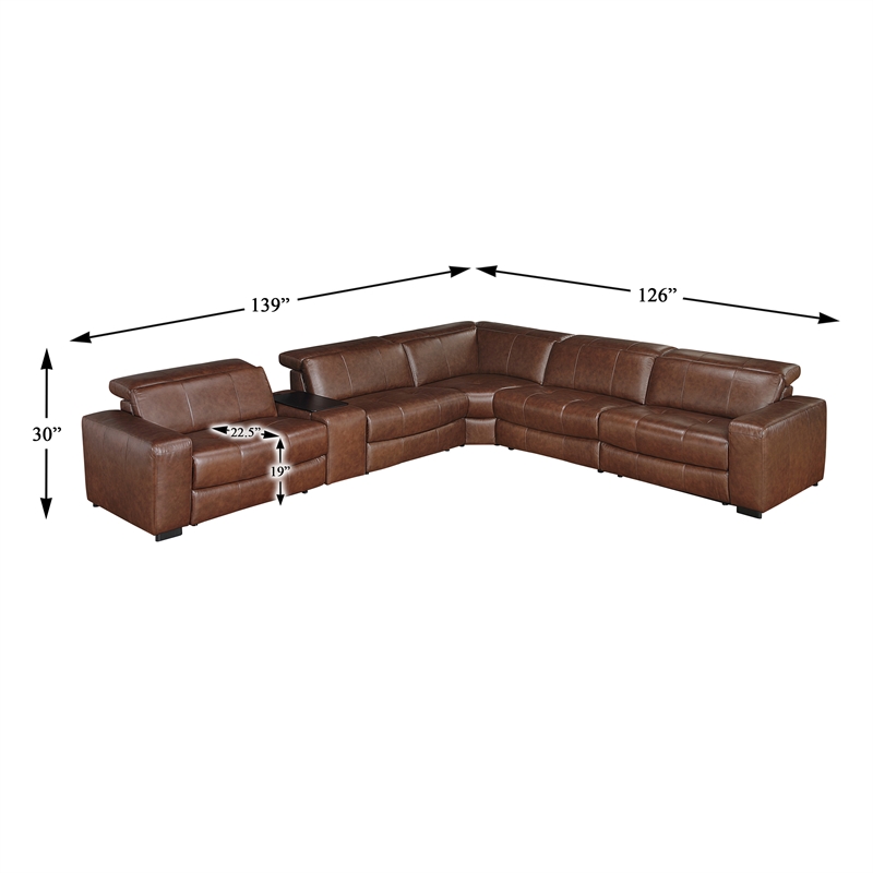 Pemberly Row Top Grain Leather 6-Piece Modular Power Sectional USB in Brown