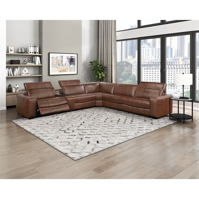Pemberly Row Top Grain Leather 6-Piece Modular Power Sectional USB in Brown
