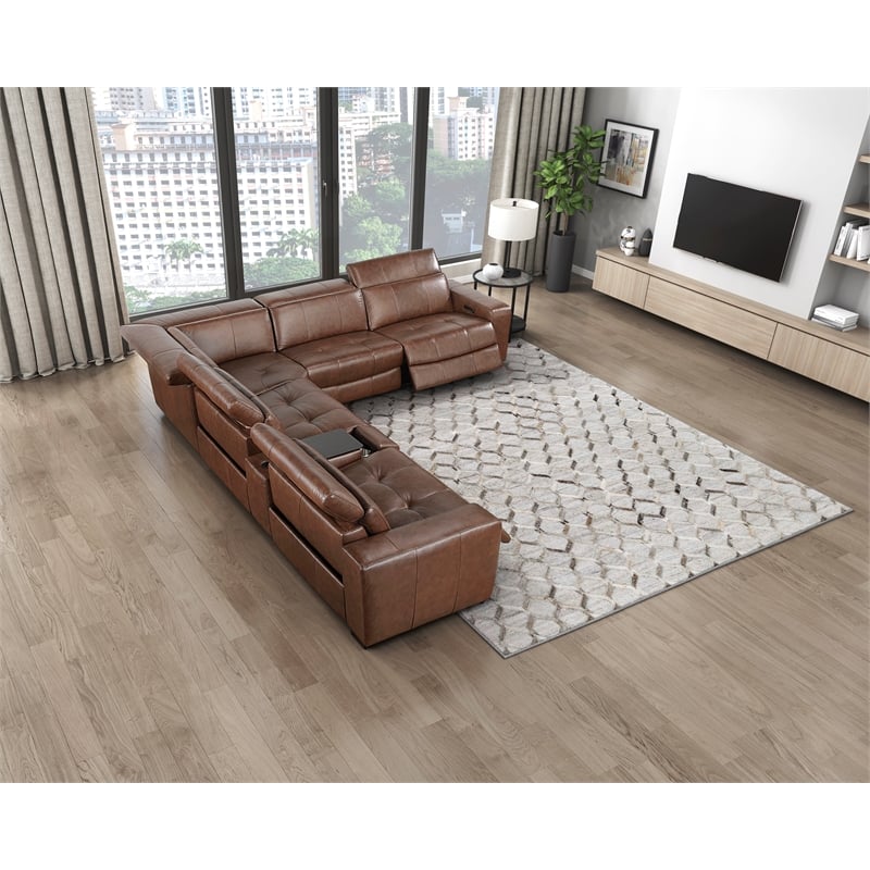 Pemberly Row Top Grain Leather 6-Piece Modular Power Sectional USB in Brown