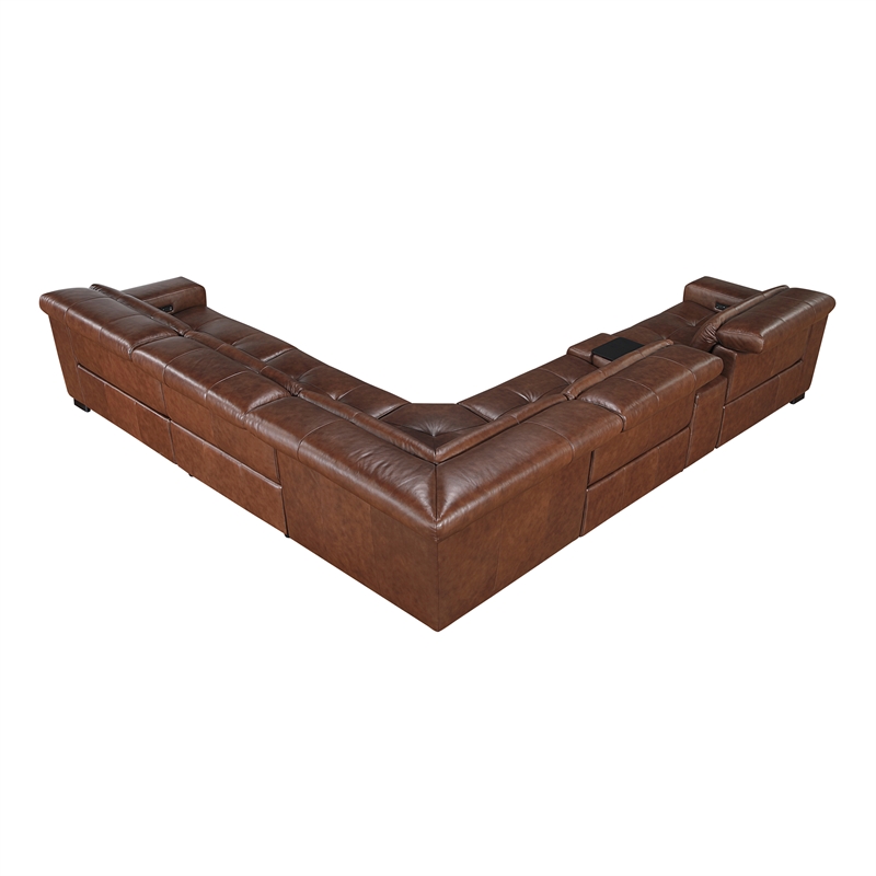 Pemberly Row Top Grain Leather 6-Piece Modular Power Sectional USB in Brown