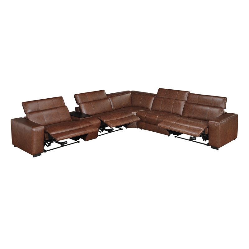 Pemberly Row Top Grain Leather 6-Piece Modular Power Sectional USB in Brown