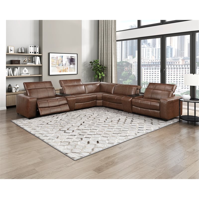 Pemberly Row Top Grain Leather 7-Piece Modular Power Sectional USB in Brown