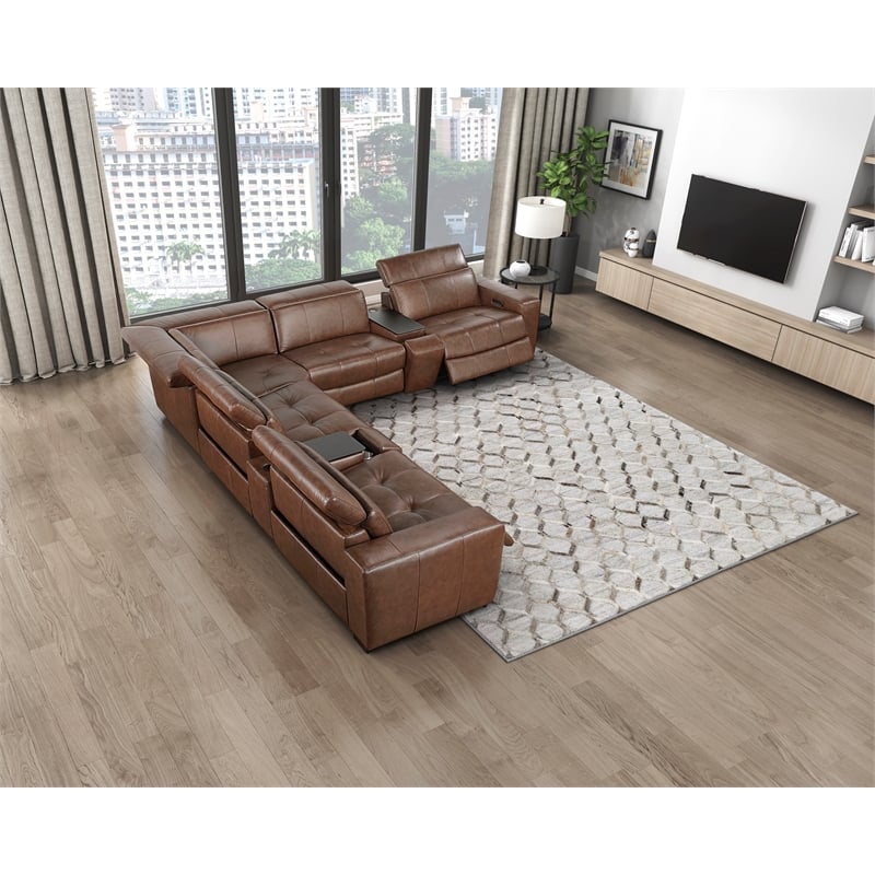 Pemberly Row Top Grain Leather 7-Piece Modular Power Sectional USB in Brown