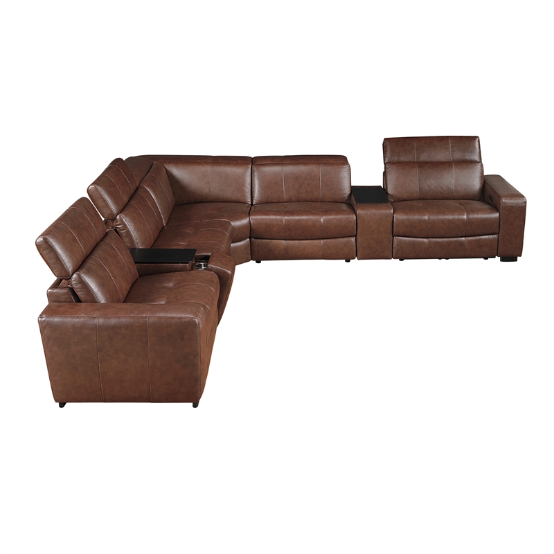 Pemberly Row Top Grain Leather 7-Piece Modular Power Sectional USB in Brown