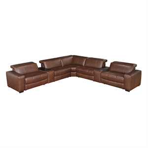 Pemberly Row Top Grain Leather 7-Piece Modular Power Sectional USB in Brown