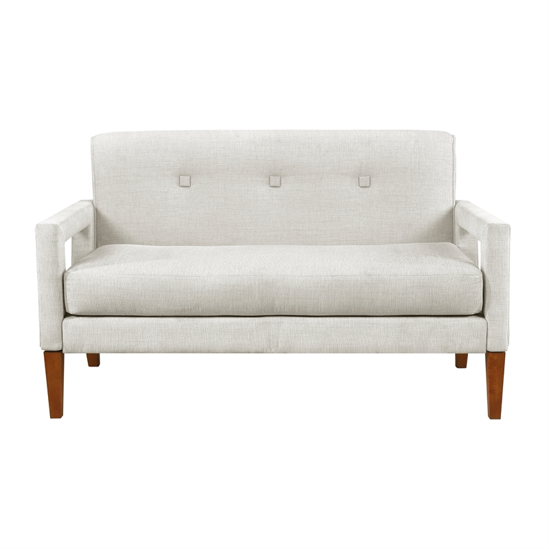 Pemberly Row Chenille Loveseat with Reversible Cushions Walnut Legs in Beige