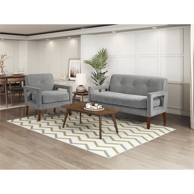 Pemberly Row Chenille Loveseat with Reversible Cushions Walnut Legs in Gray