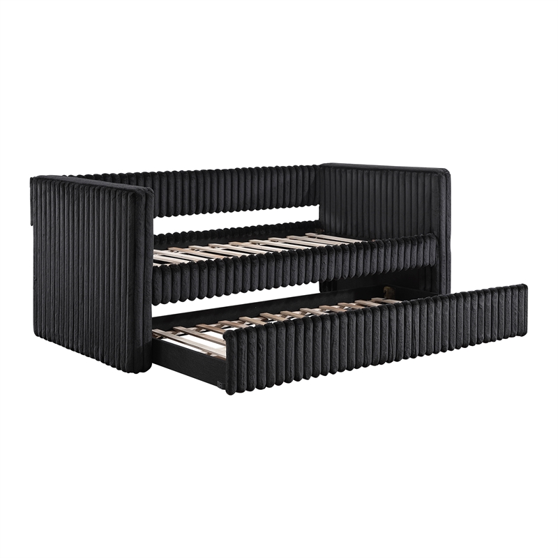 Pemberly Row Corduroy Daybed with Pull-Out Trundle 300 lbs Each in Black