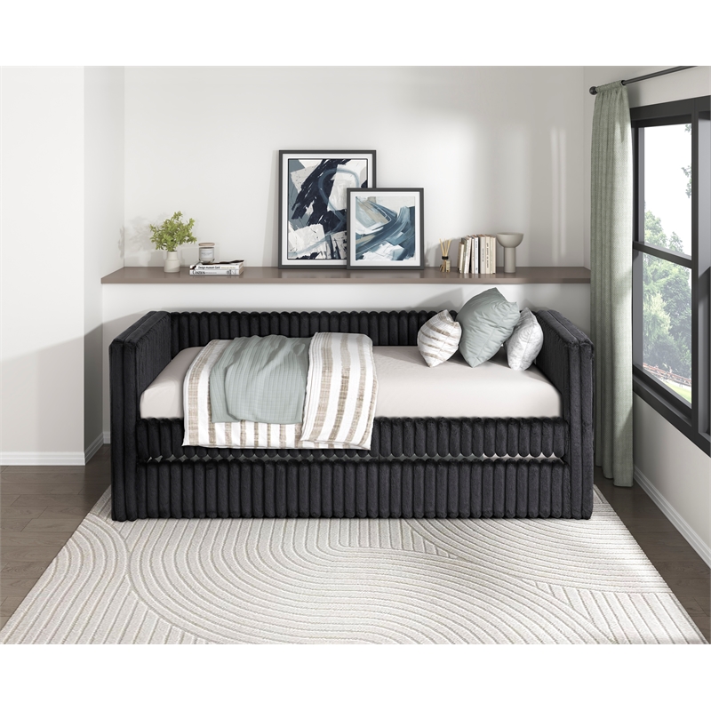 Pemberly Row Corduroy Daybed with Pull-Out Trundle 300 lbs Each in Black