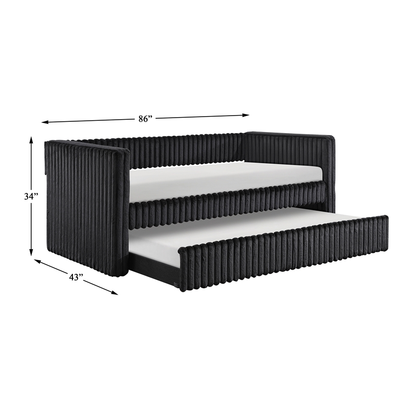 Pemberly Row Corduroy Daybed with Pull-Out Trundle 300 lbs Each in Black