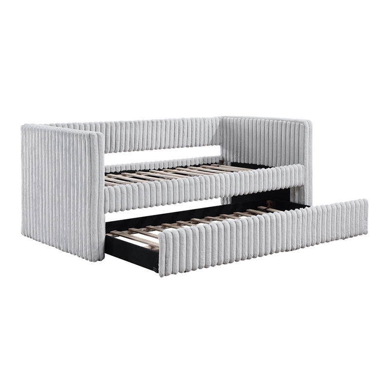 Pemberly Row Corduroy Daybed with Pull-Out Trundle 300 lbs Each in Gray