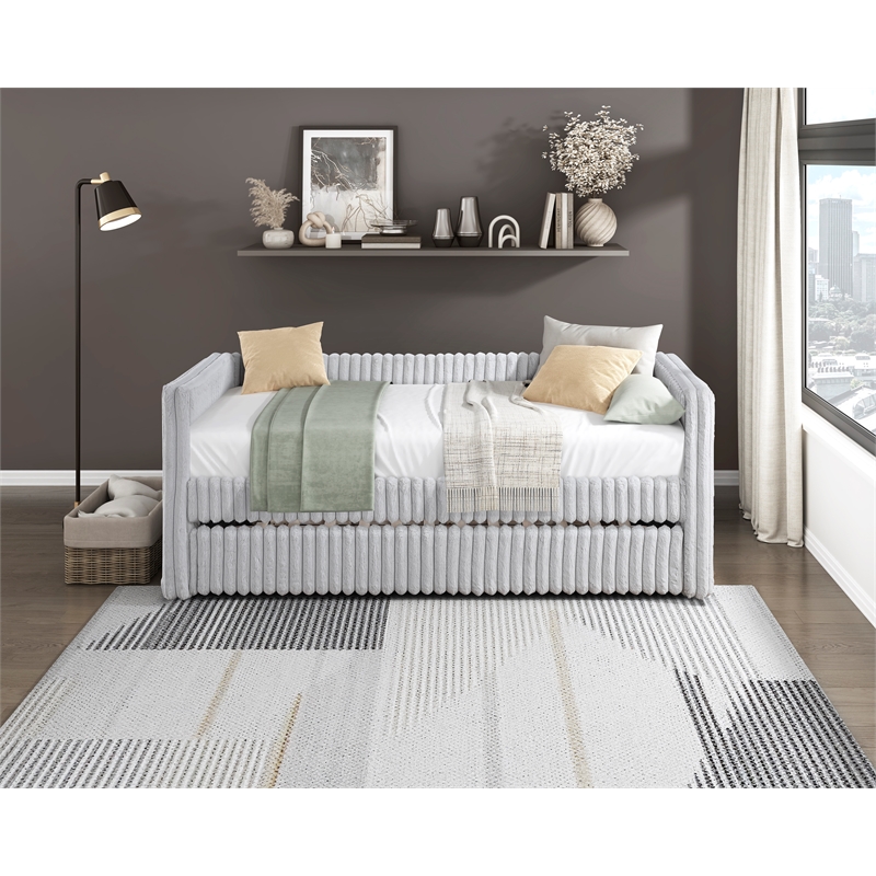 Pemberly Row Corduroy Daybed with Pull-Out Trundle 300 lbs Each in Gray