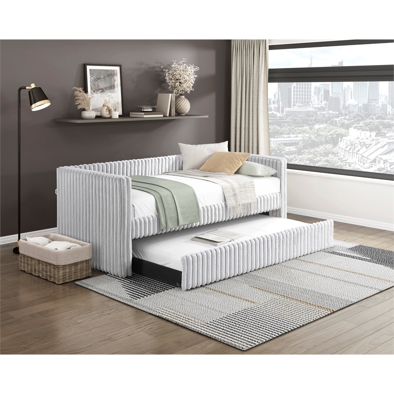 Pemberly Row Corduroy Daybed with Pull-Out Trundle 300 lbs Each in Gray