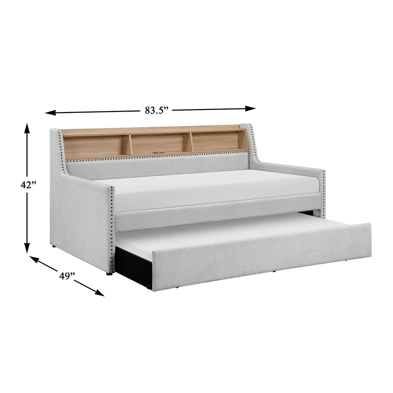 Pemberly Row Fabric Daybed with Trundle Bookcase and Charging Port in Light Gray