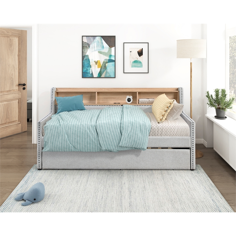 Pemberly Row Fabric Daybed with Trundle Bookcase and Charging Port in Light Gray