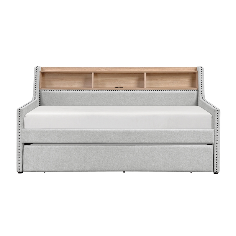 Pemberly Row Fabric Daybed with Trundle Bookcase and Charging Port in Light Gray