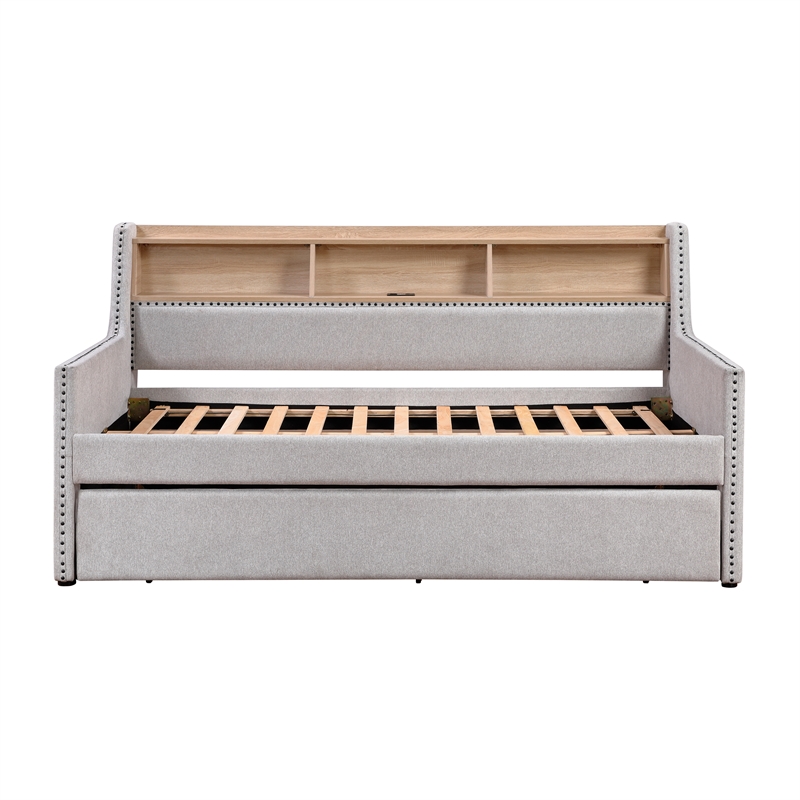 Pemberly Row Fabric Daybed with Trundle Bookcase and Charging Port in Light Gray