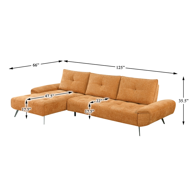 Pemberly Row Chenille 2-Piece Sectional Left Chaise Adjustable Back in Orange