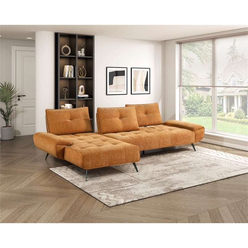 Pemberly Row Chenille 2-Piece Sectional Left Chaise Adjustable Back in Orange