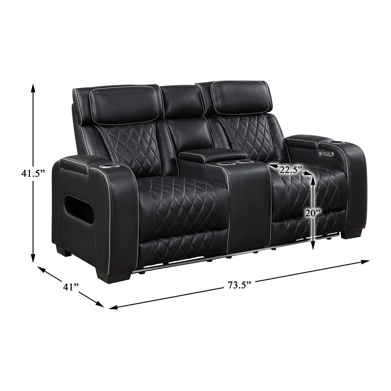 Pemberly Row Faux Leather Power Reclining Loveseat with LED and USB in Black