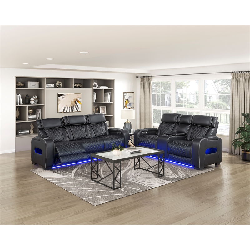 Pemberly Row Faux Leather Power Reclining Loveseat with LED and USB in Black