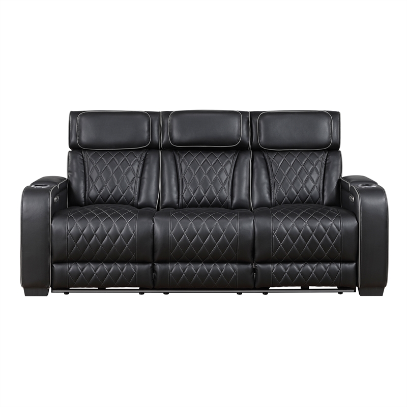 Pemberly Row Faux Leather Power Reclining Loveseat with LED and USB in Black