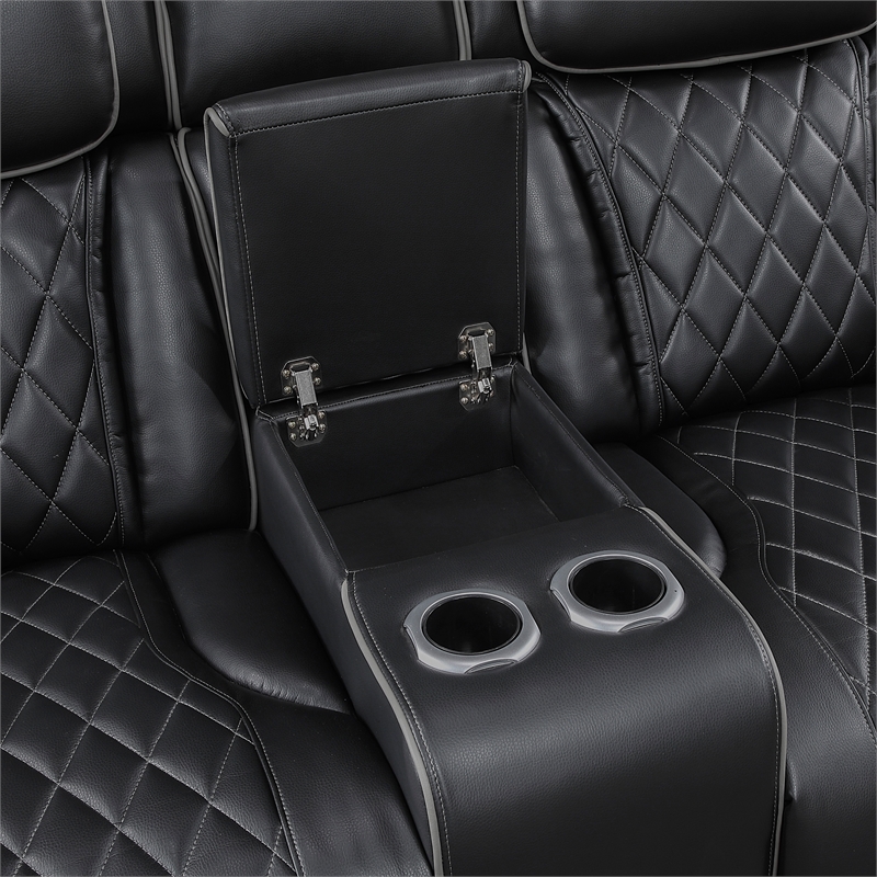 Pemberly Row Faux Leather Power Reclining Loveseat with LED and USB in Black