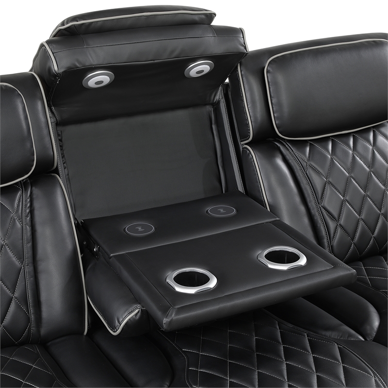 Pemberly Row Faux Leather Power Reclining Sofa with LED USB Wireless in Black