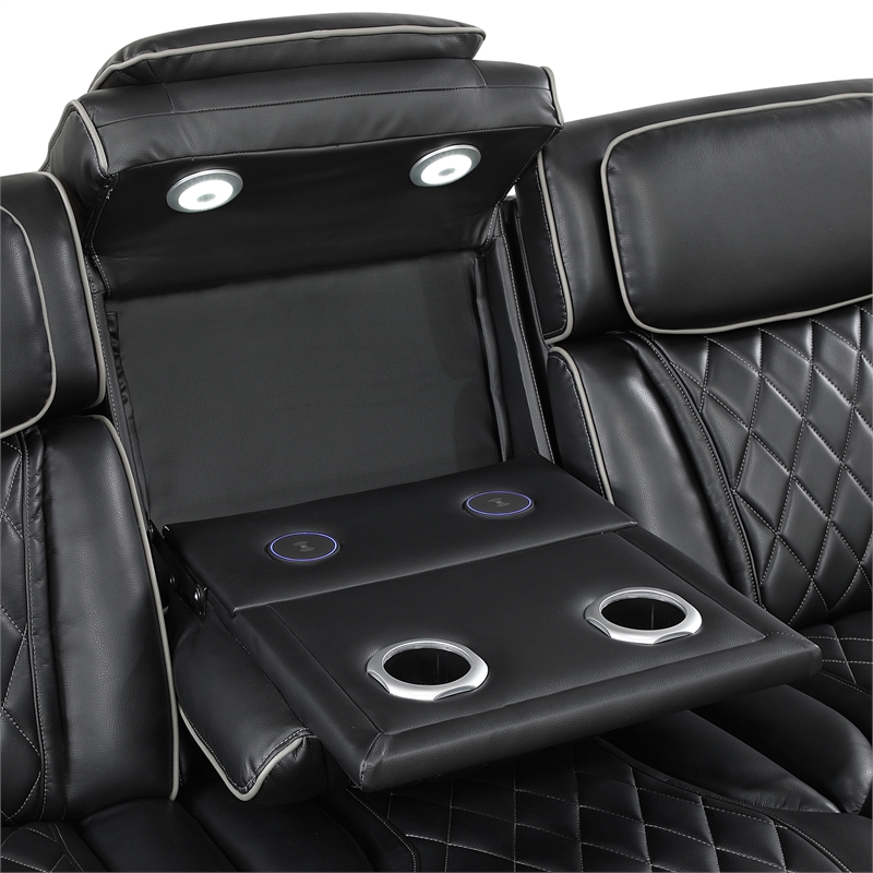 Pemberly Row Faux Leather Power Reclining Sofa with LED USB Wireless in Black