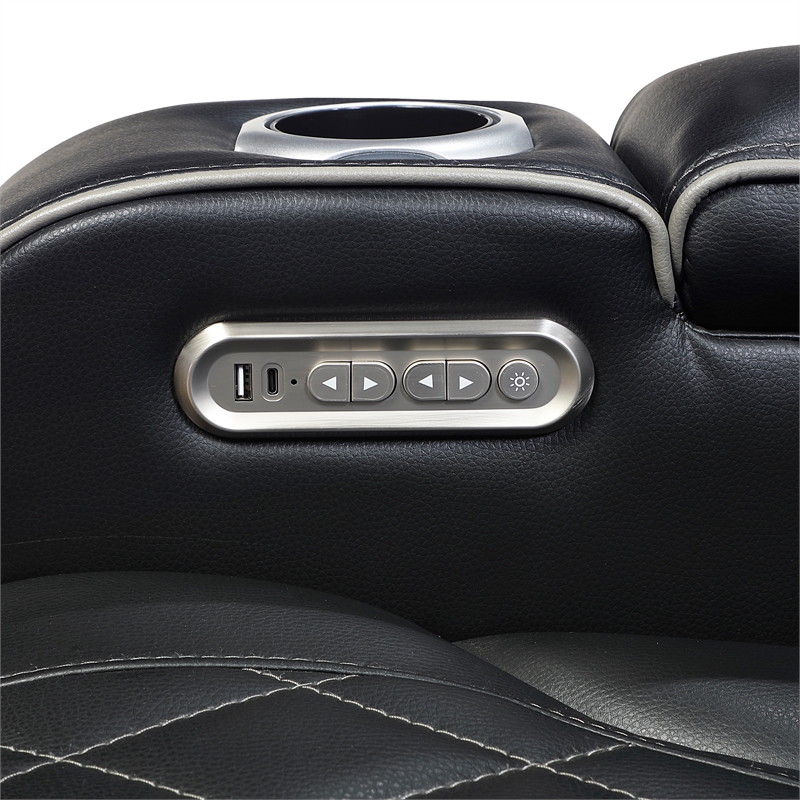 Pemberly Row Faux Leather Power Reclining Sofa with LED USB Wireless in Black