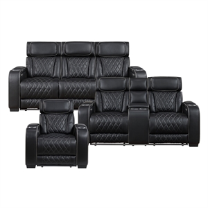 Pemberly Row Faux Leather Power Reclining Sofa with LED USB Wireless in Black