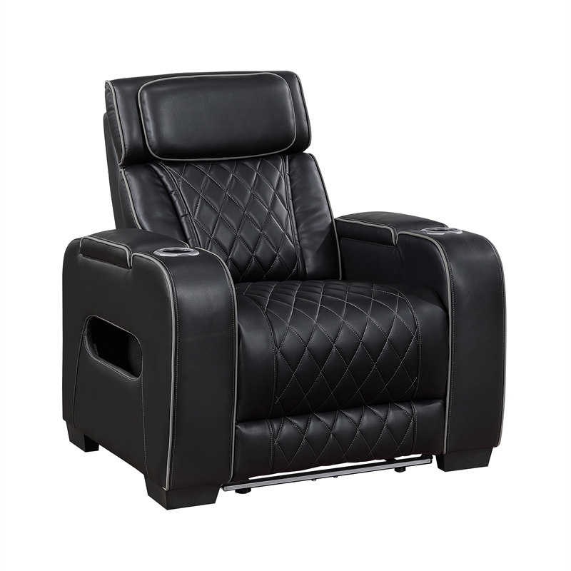 Pemberly Row Faux Leather Power Reclining Sofa with LED USB Wireless in Black