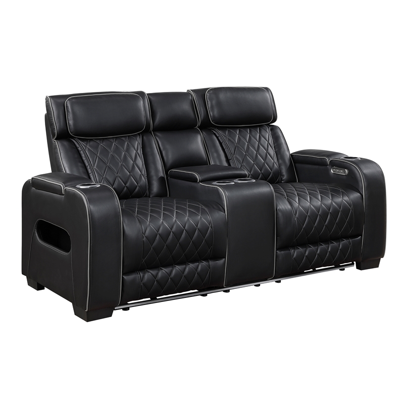 Pemberly Row Faux Leather Power Reclining Sofa with LED USB Wireless in Black